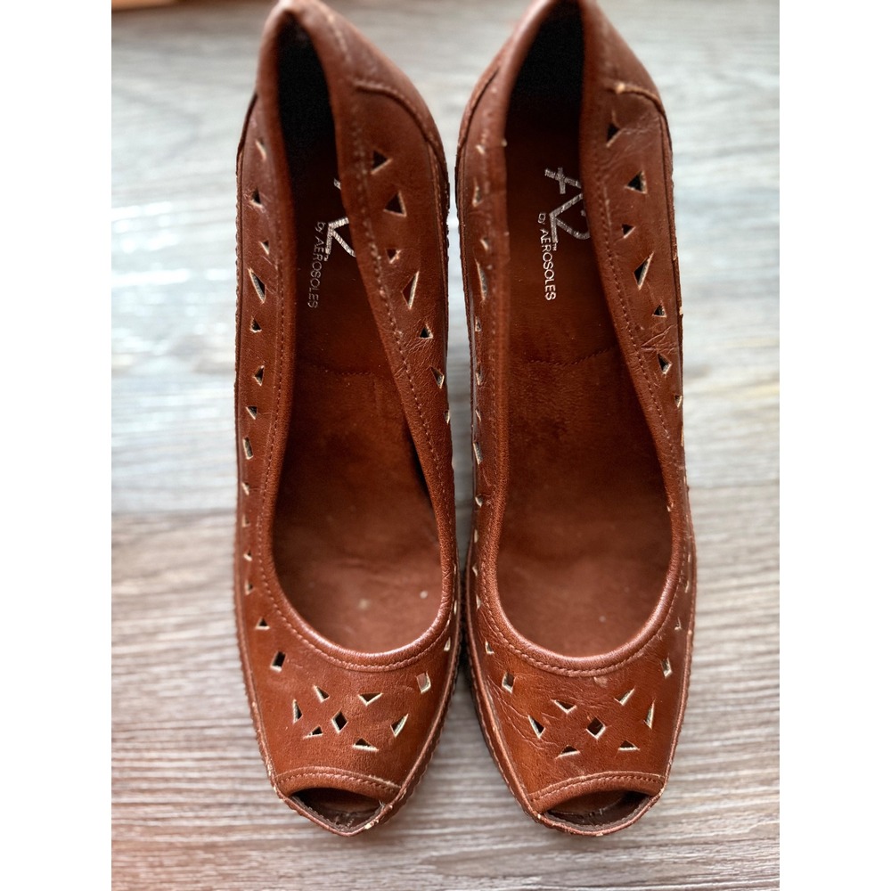 A2 by Aerosoles Brown Laser Cut Peep Toe Pumps Heels Womens‎ Size 8.5
